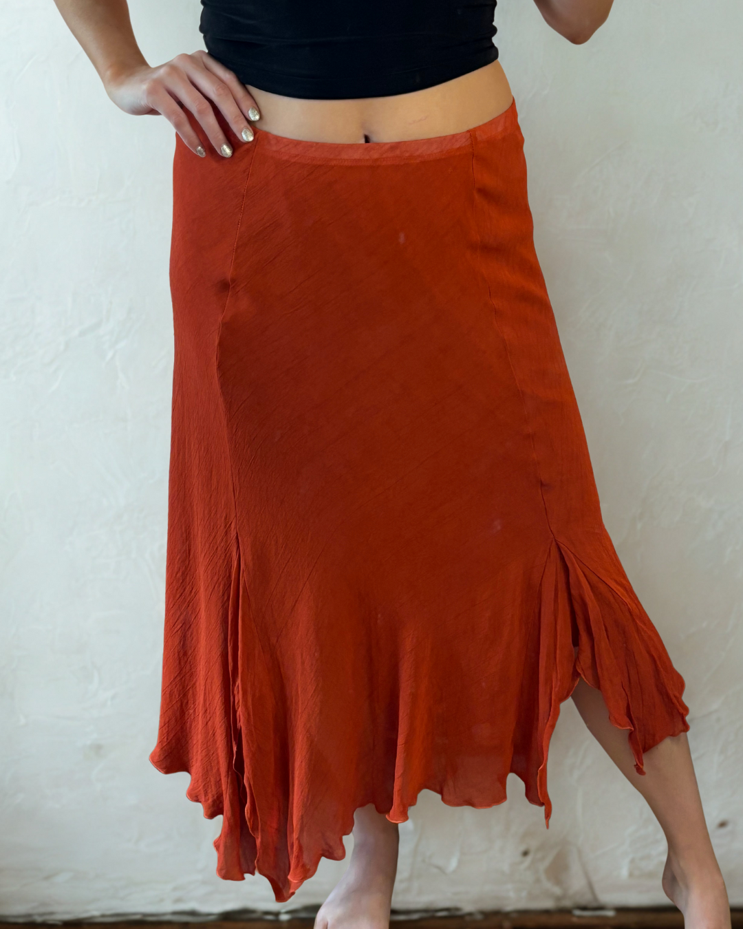 Burnt Orange Floaty Asymmetrical Midi Skirt Size Medium